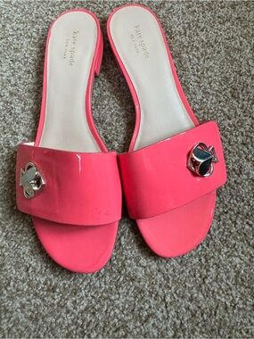 Kate Spade Sandals New York Ferry Coral Patent Slide vibrant pink silver logo